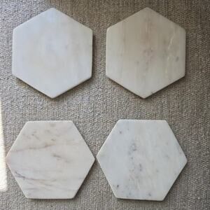 White Marble Hexagon Coasters Set of 4 Veined Gray Vtg